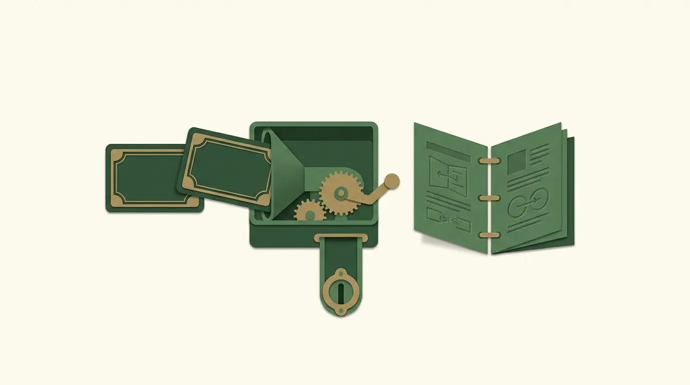 Facedown card pair feeding a small mechanical counting tray, with a single final-position aperture and a rules booklet