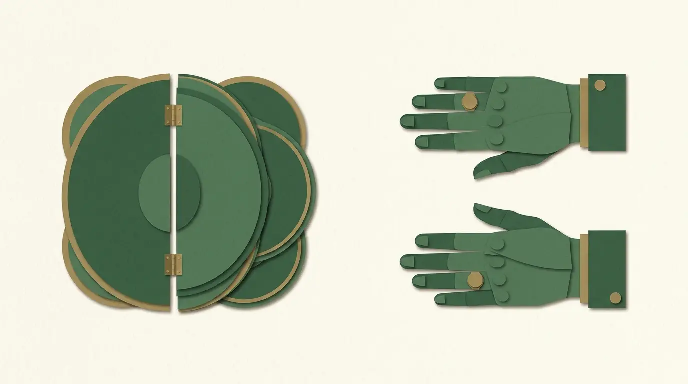 A board of abstract past-result disks folded closed beside two newly facedown hands