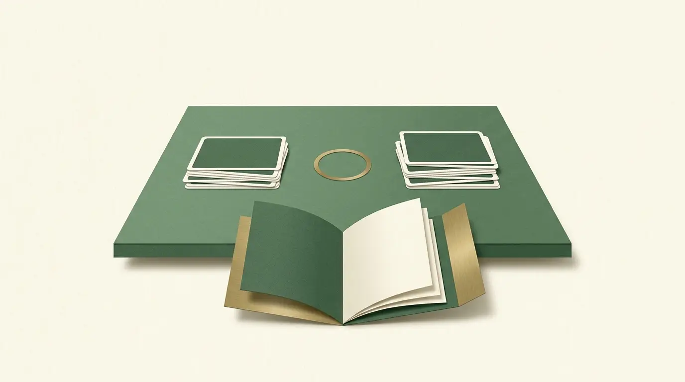 Two neatly separated facedown card hands on a green table, a third small neutral wager circle between them, and a fixed-rule booklet in the foreground