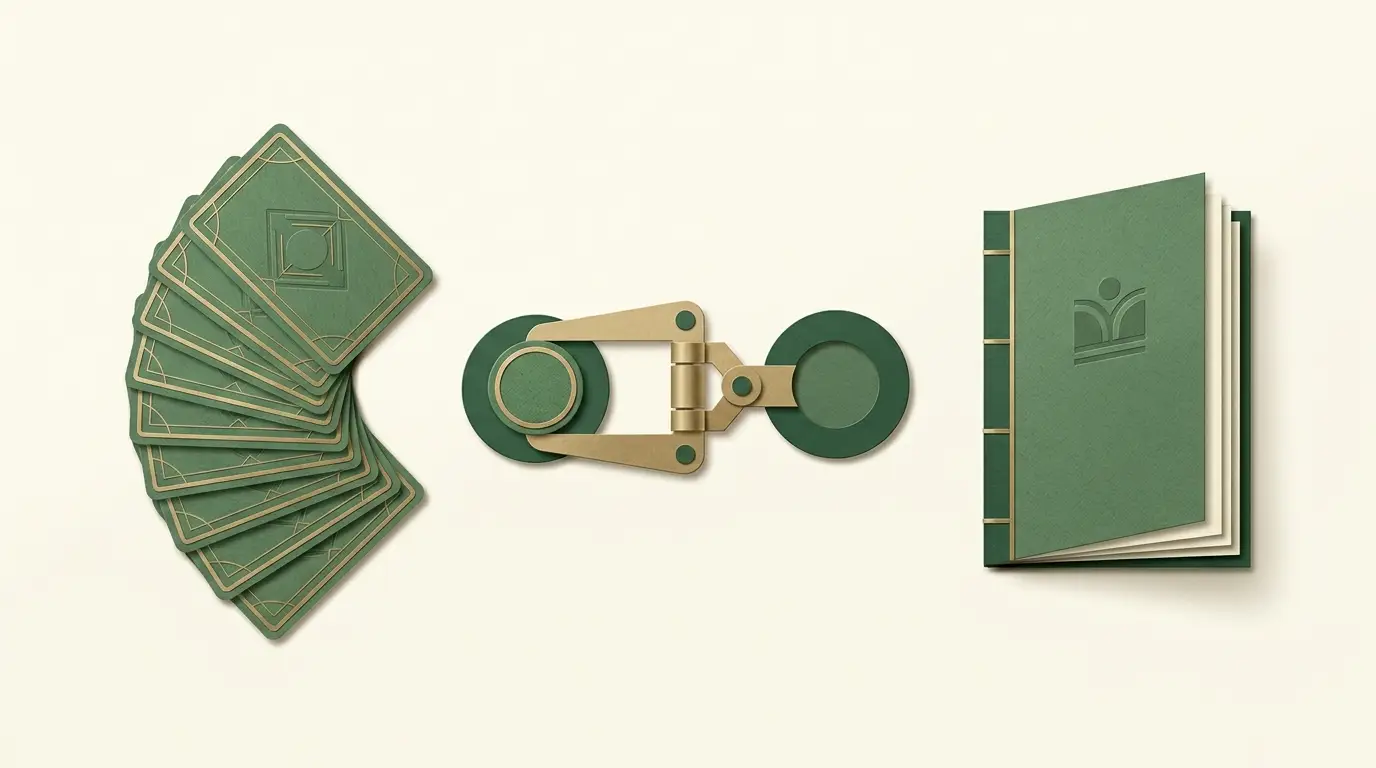 A fan of card backs beside two alternative value-token positions connected by a reversible brass hinge, with a rules booklet anchoring the scene