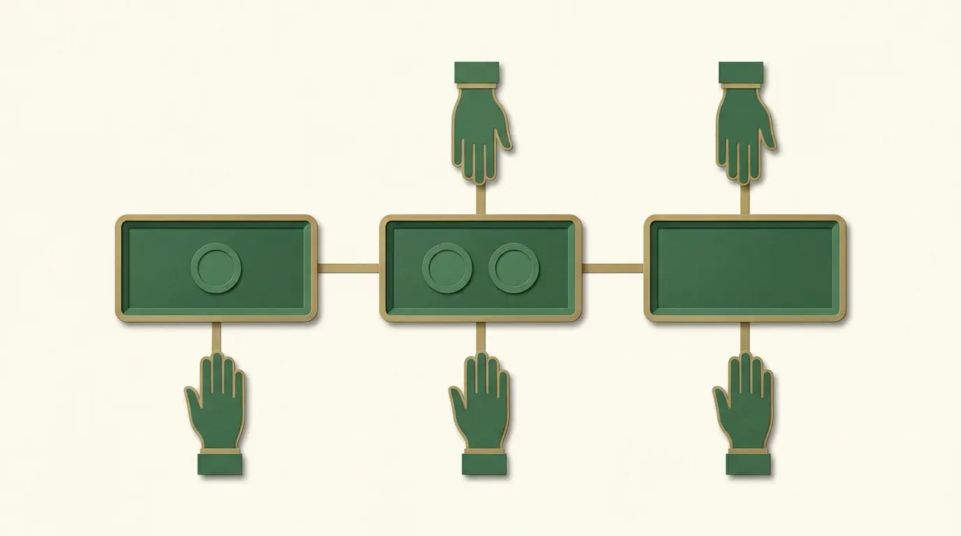 Three physically separated settlement trays: returned stake, stake plus a modest extra token, and empty stake tray, each connected to a facedown hand