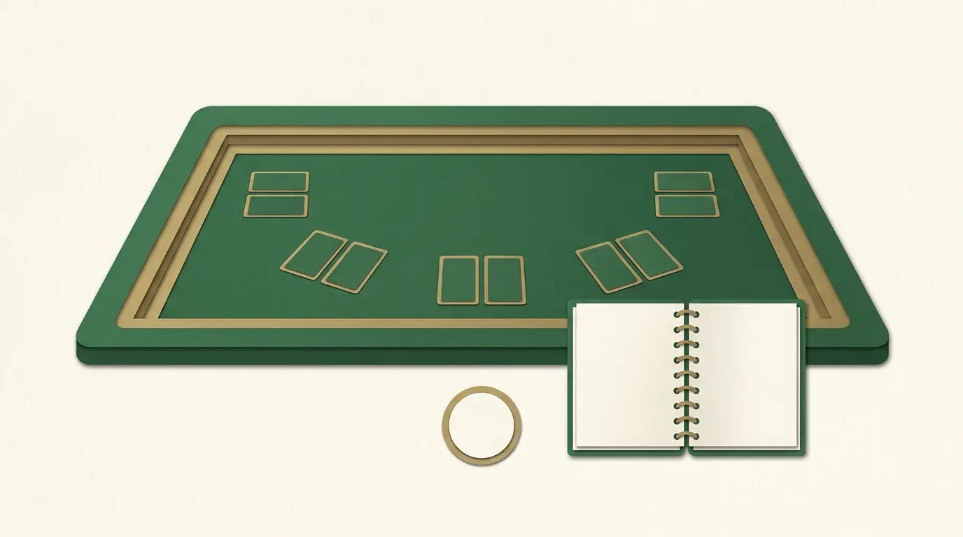 An empty green felt table with facedown card pairs, a small stake circle and an open rules booklet in the foreground