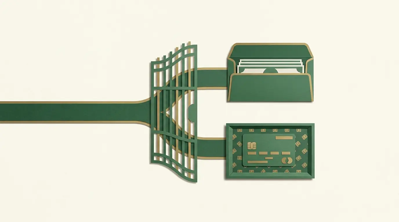 A return route forks into an ordinary cash envelope and a patterned promotional-credit tray behind a terms gate