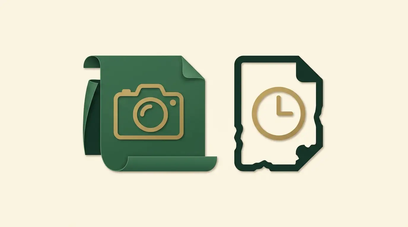A flat document under a camera outline with generous visible edges, beside an expired-document silhouette marked by an unnumbered clock