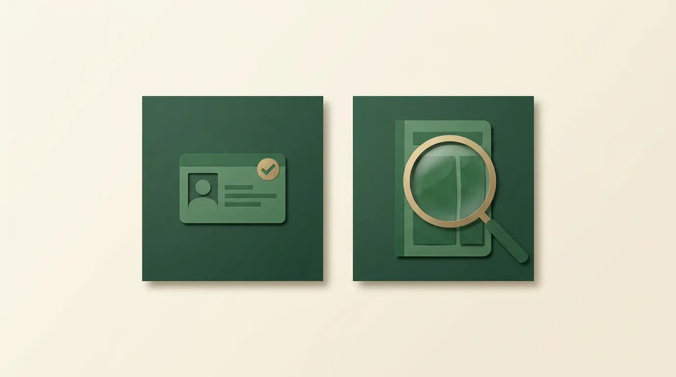A checked identity card on one platform and an operator register under a magnifying glass on a separate platform