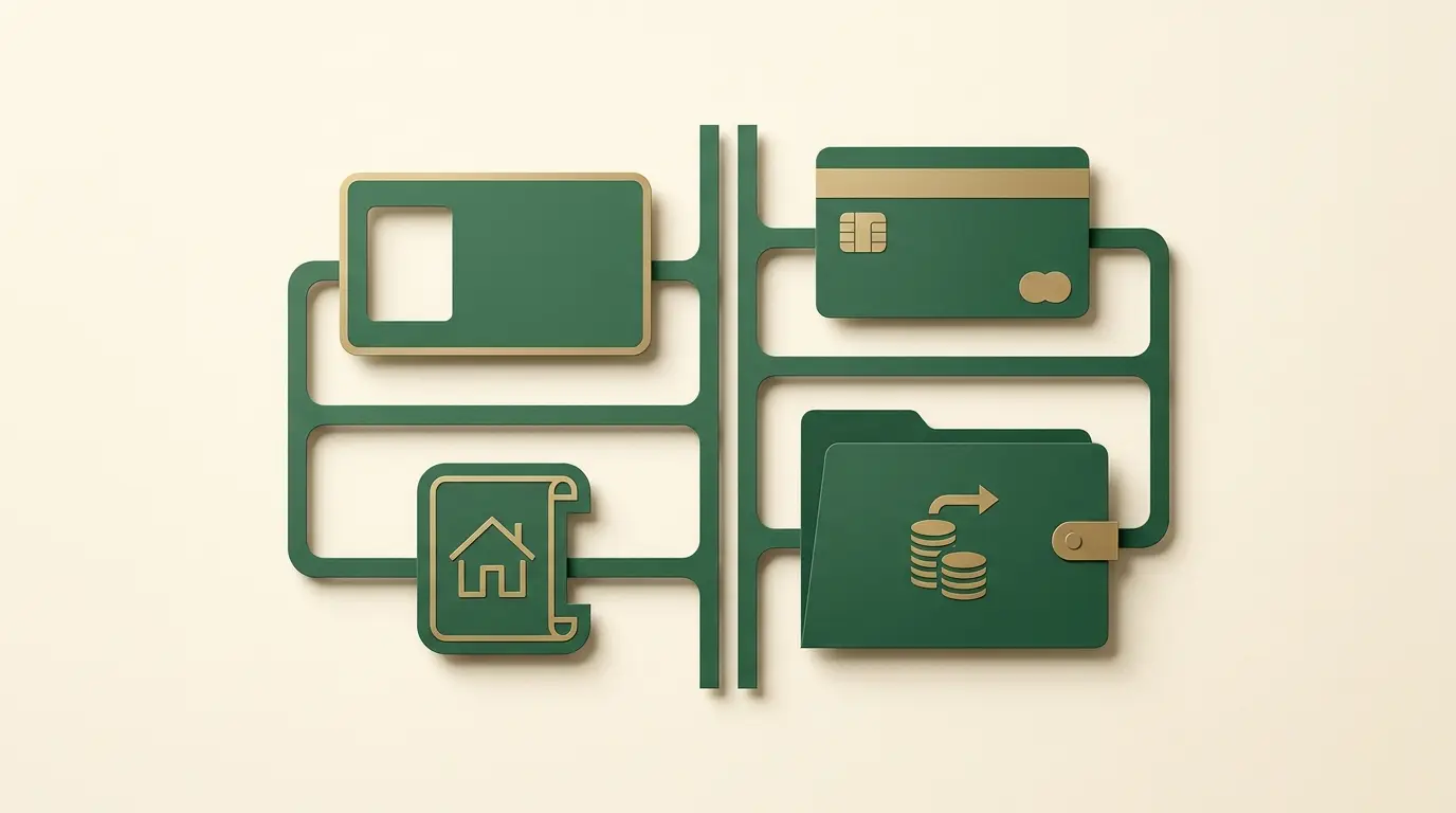 Blank identity card without a portrait, house-address tile, bank card and money-origin folder in separate compartments