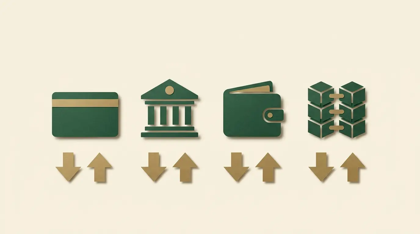 A blank card, bank, wallet and linked blocks in four columns, each with separate inward and outward arrow tiles