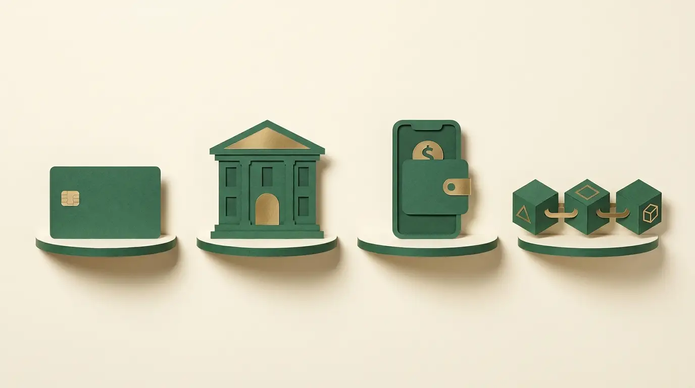 Four evenly spaced objects on individual platforms: blank bank card, bank building, digital wallet and linked blockchain blocks