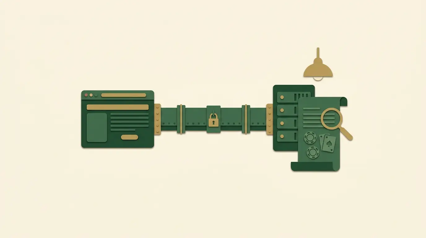 A secure tunnel connects a browser to a server, while a separate operator document sits outside the tunnel under inspection