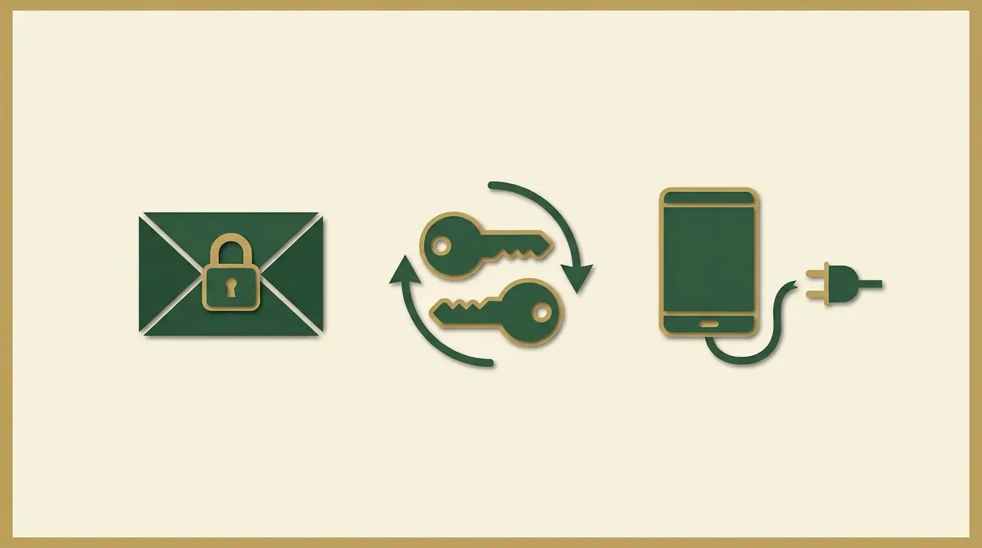 Protected email envelope, changed key and disconnected unfamiliar device laid out as a clear recovery sequence