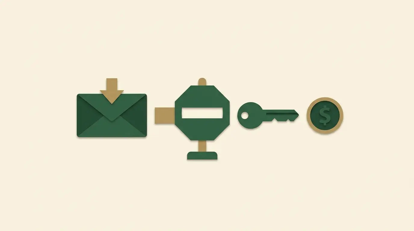 An unsolicited message envelope points toward a key and payment coin, but a stop barrier blocks the path