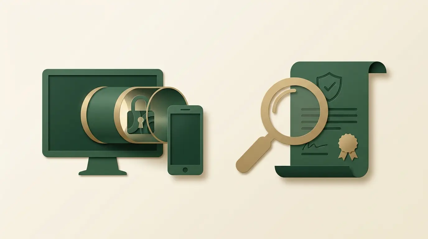 A browser and device linked by an enclosed encrypted tunnel; a separate magnifying glass inspects an operator document