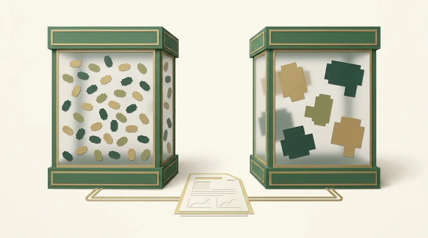 Two equal-width display boxes with qualitatively different arrangements of payout pieces: dispersed small pieces versus sparse larger pieces, linked to.