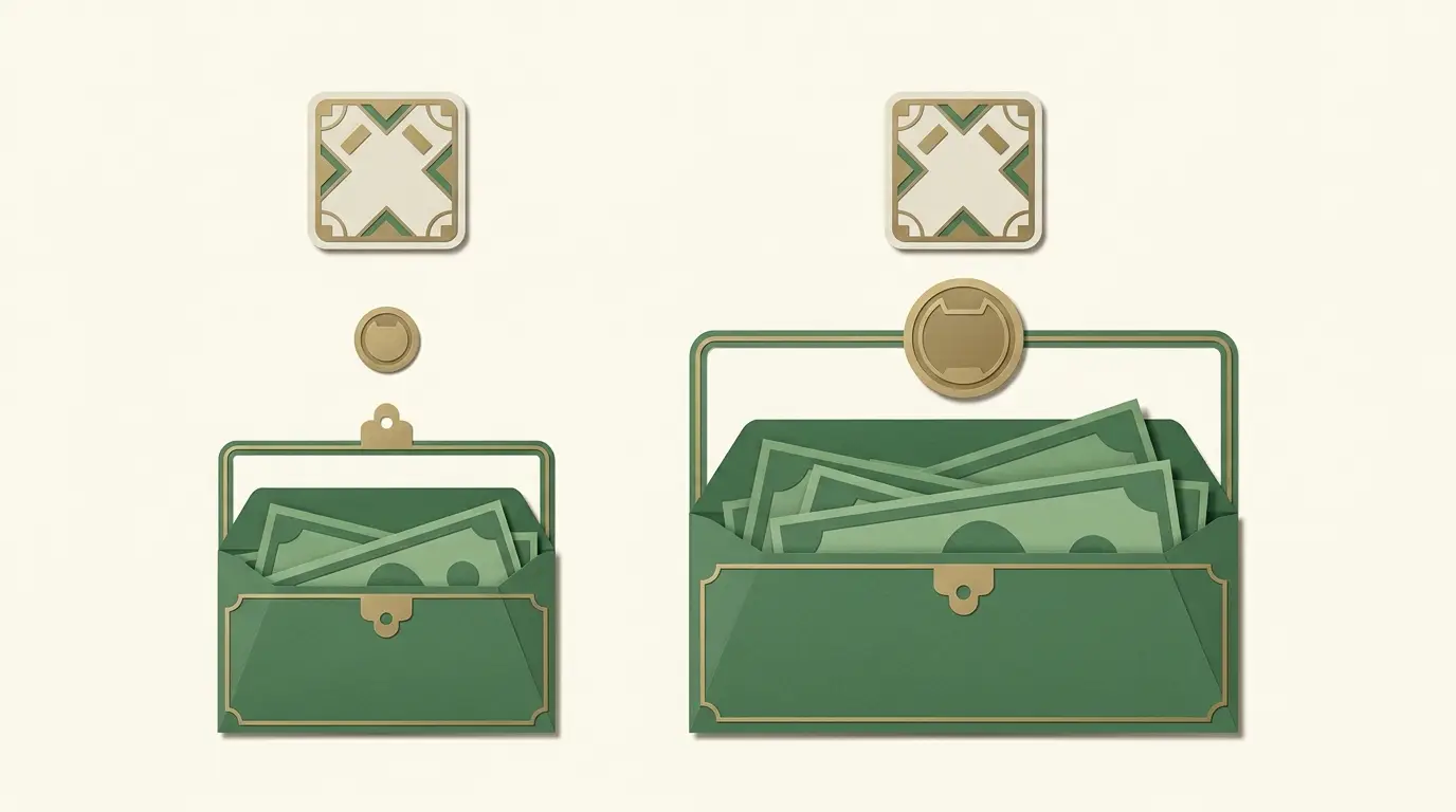 Two otherwise identical abstract game tiles beside a small stake token and a larger stake token
