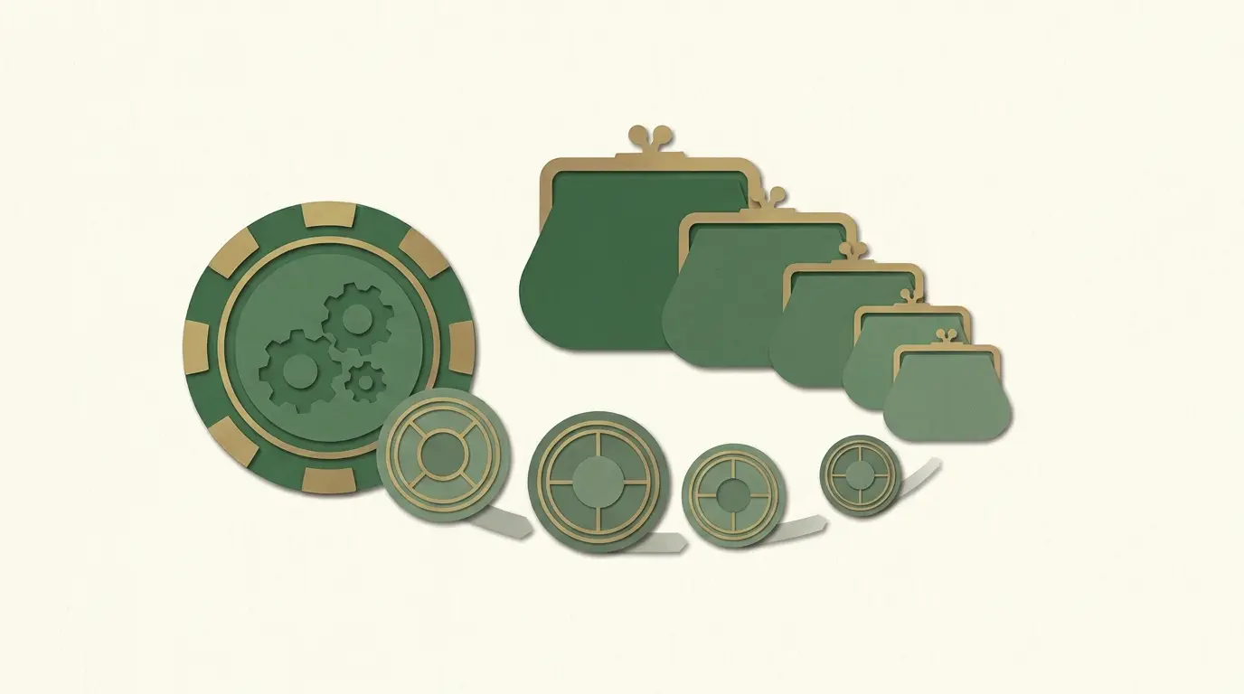 A sequence of small returned tokens passing back toward a larger original stake token, with a diminishing wallet silhouette behind