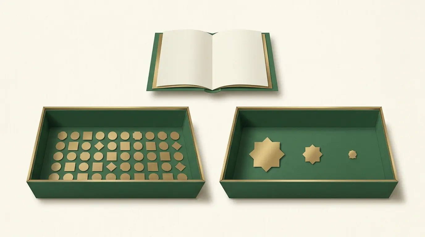 Two abstract outcome trays, one with several modest pieces and one with widely spaced pieces of contrasting sizes, under the same neutral rules booklet