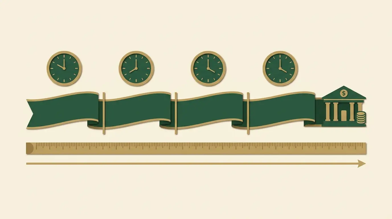 A continuous ribbon divided into separate review and transfer segments, unnumbered clock above each, bank at the end