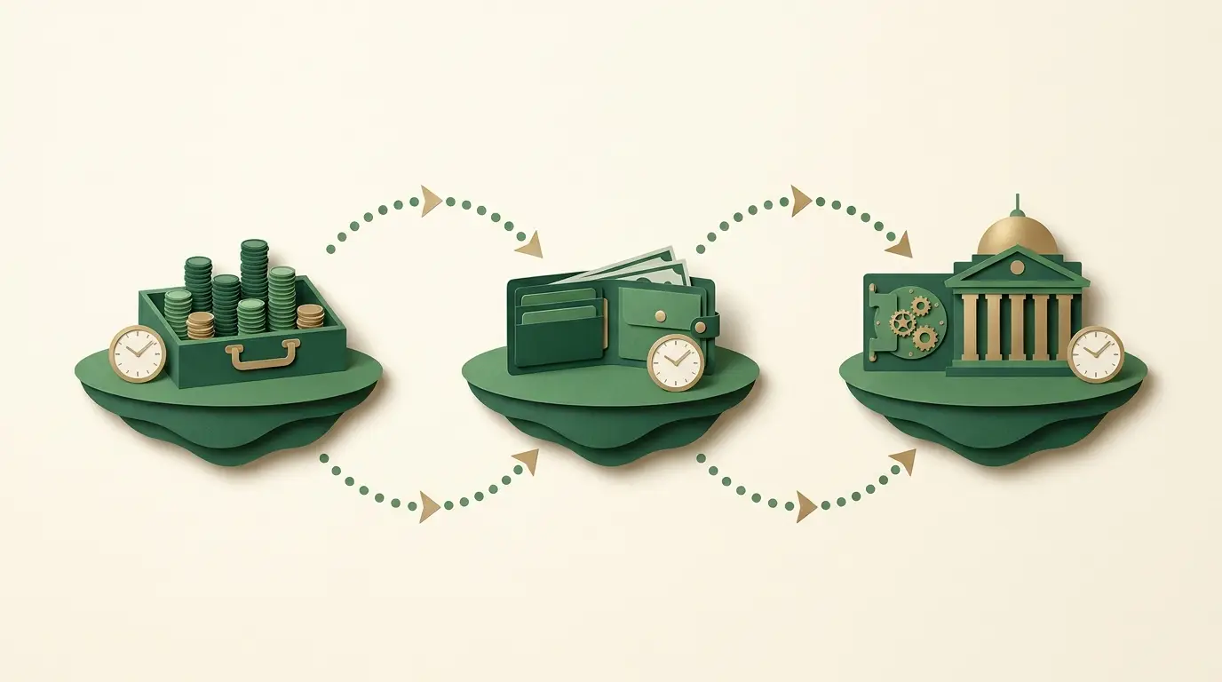 Casino tray to wallet to bank in three spaced islands, each with its own small unnumbered clock
