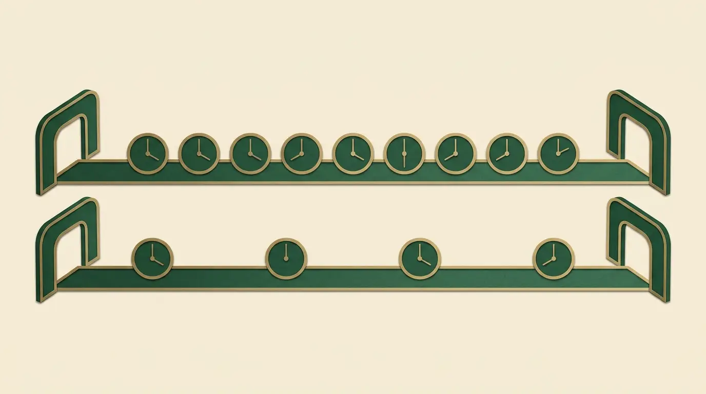 Two parallel payment routes with matching start and finish gates and differently spaced unnumbered clocks; no comparative data