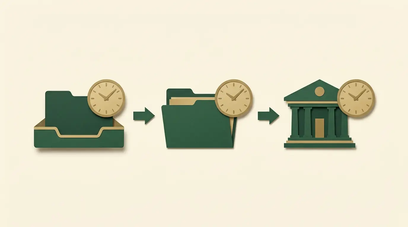 A payout route with request tray, review folder and receiving bank, each paired with an unnumbered clock face