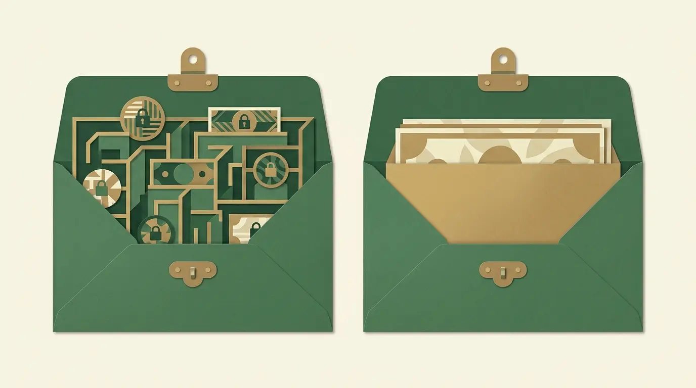 Two equal-sized promotional envelopes opened to reveal different rule-gate arrangements, one containing patterned restricted credit and one a plain.
