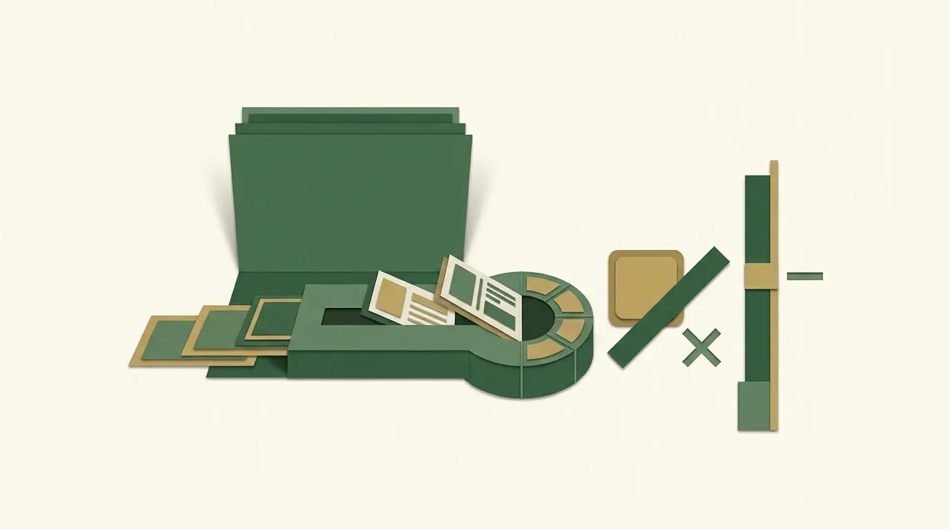 A calculation booklet with distinct base tiles feeds a qualifying-play counter, while a separate blocked game tile and stake-height barrier sit alongside