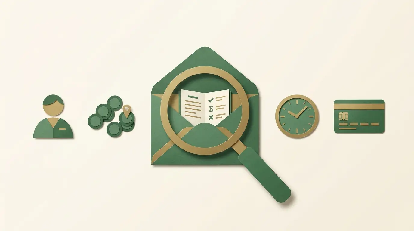 A magnifier over a promotional envelope reveals a rules booklet underneath