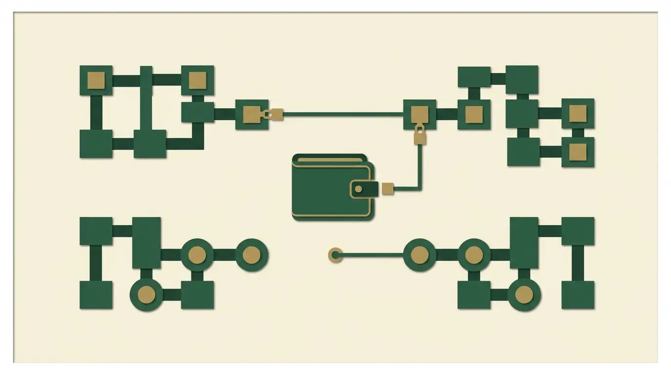 Two distinct parallel block networks with different geometric joints; a wallet connects only to the matching receiving joint