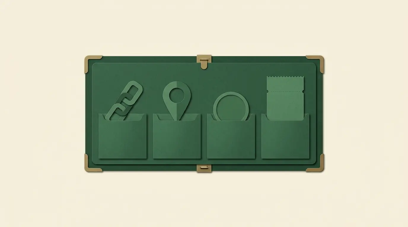 A private folder holding a chain-link tile, destination pin, plain coin and blank receipt in separate pockets