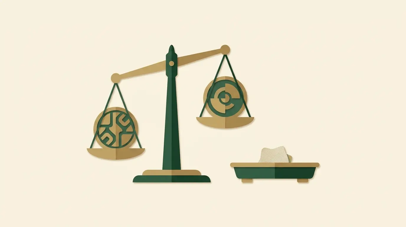 A crypto token on a balance scale facing a home-currency coin, with a separate small network-fee tray