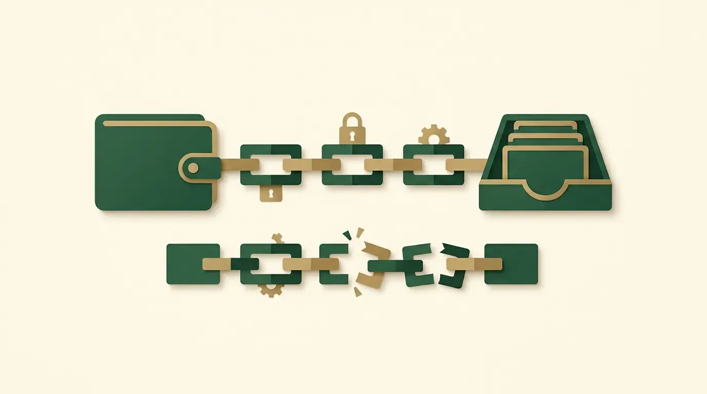 A wallet and casino account tray linked by one deliberate chain of matching geometric blocks, alternate disconnected chain below
