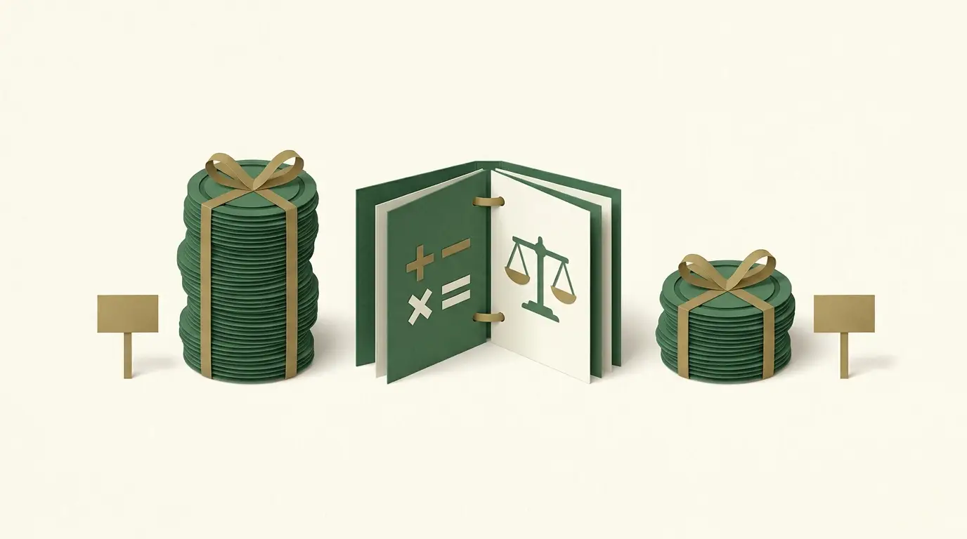 Two spin-token bundles of different sizes alongside separate small stake markers and a calculation booklet, without numeric amounts or a promised result