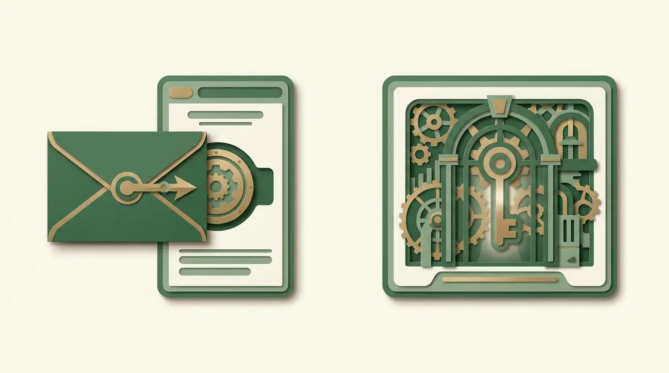 A split scene: a promotional envelope delivering a spin token from outside a game, and a geometric feature gate contained inside another game tile