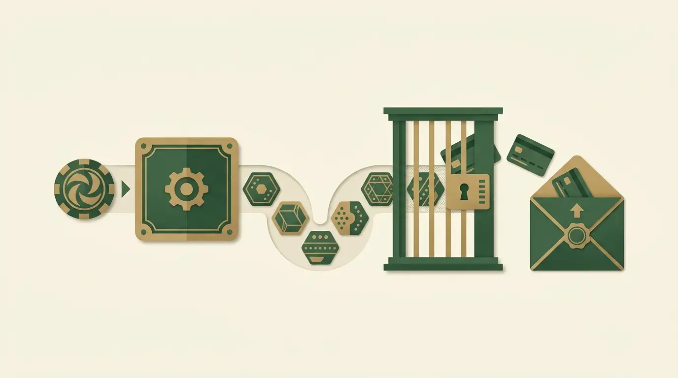 A spin token enters a generic game tile and any resulting patterned credit enters a separate terms checkpoint before a withdrawal envelope