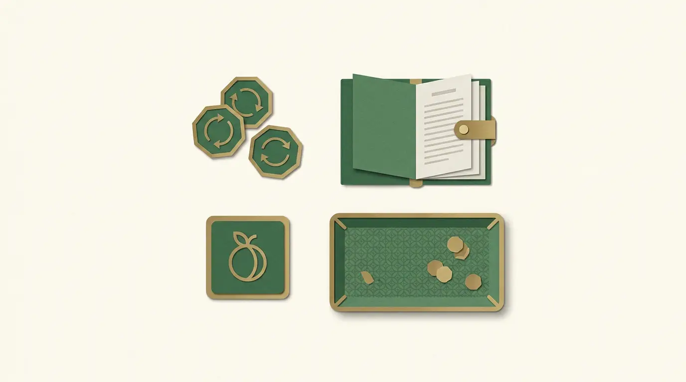 A small set of geometric spin tokens next to a specific slot-game tile, a terms booklet and a separate patterned winnings tray