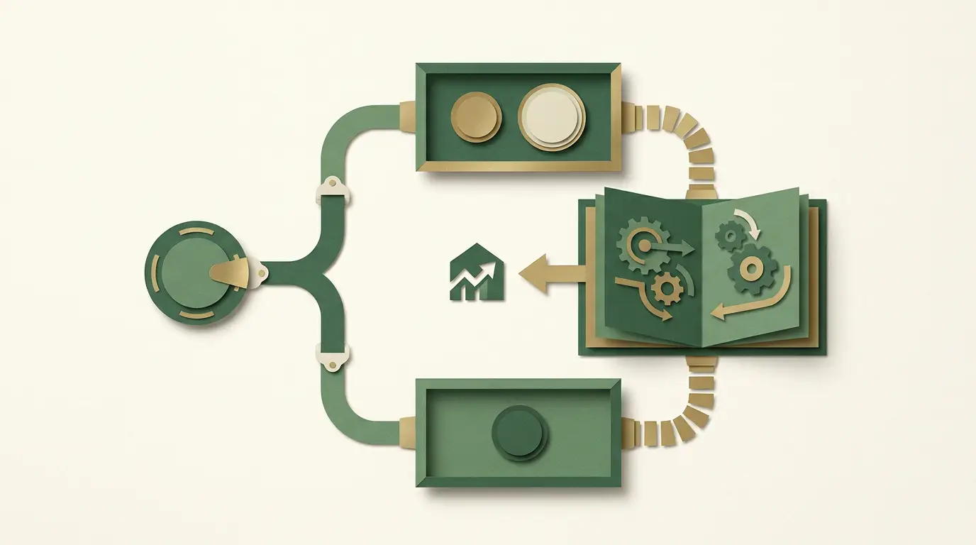 A stake token branches toward separate win and loss trays, then connects to a calculation booklet