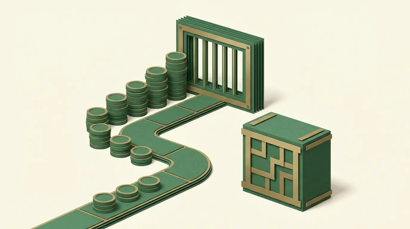 An ascending arrangement of stake stacks approaches a firm spending boundary while an unchanged rules block remains beside the route