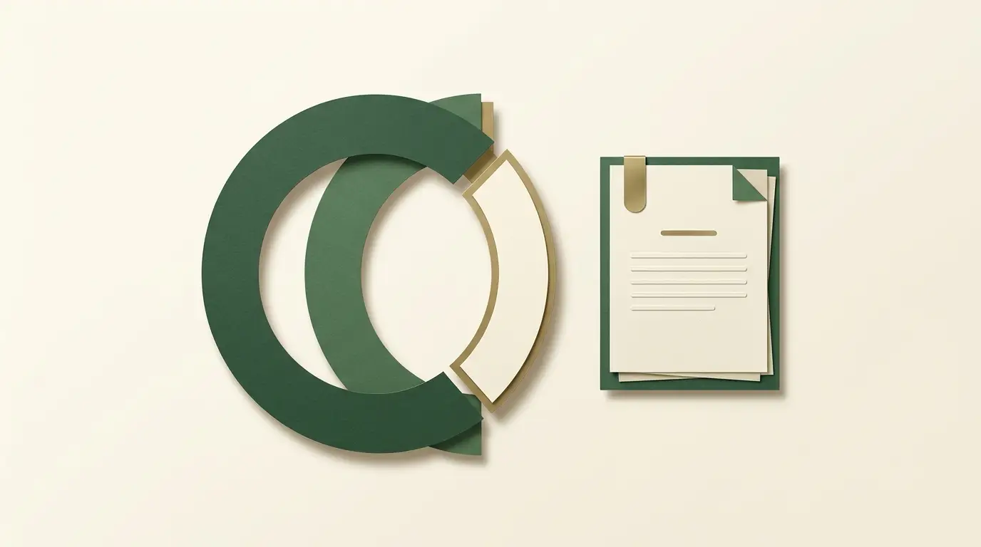 A single unmeasured brass ring assembled from a broad forest segment and a small ivory segment beside one shared stake-basis document
