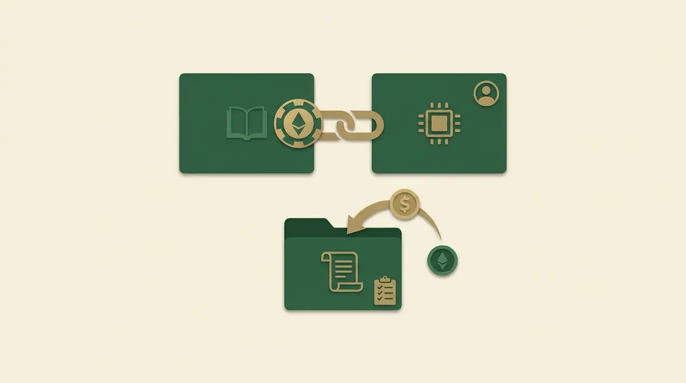 An article tile sends a linked referral token to an operator account tile; a separate contract folder governs a returning commission coin