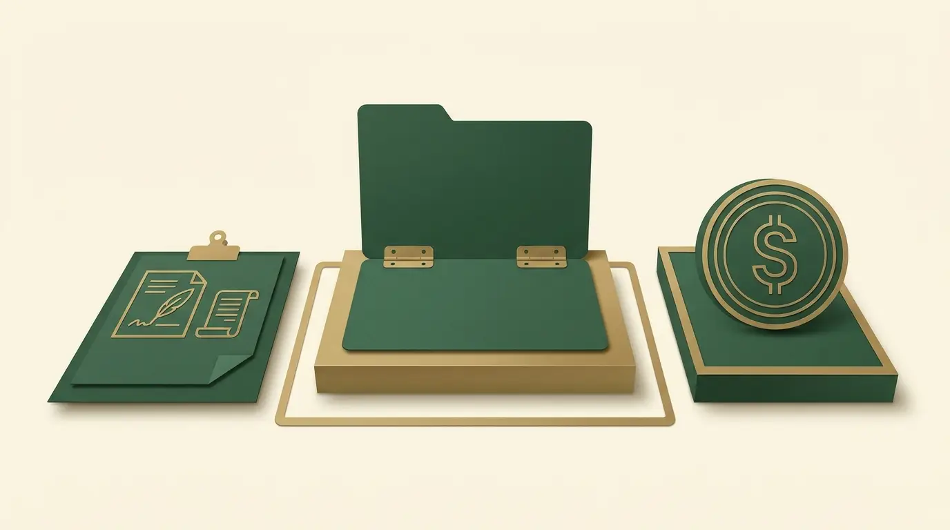 An editorial document and commercial coin sit on separate platforms divided by a clear boundary, with an open disclosure folder