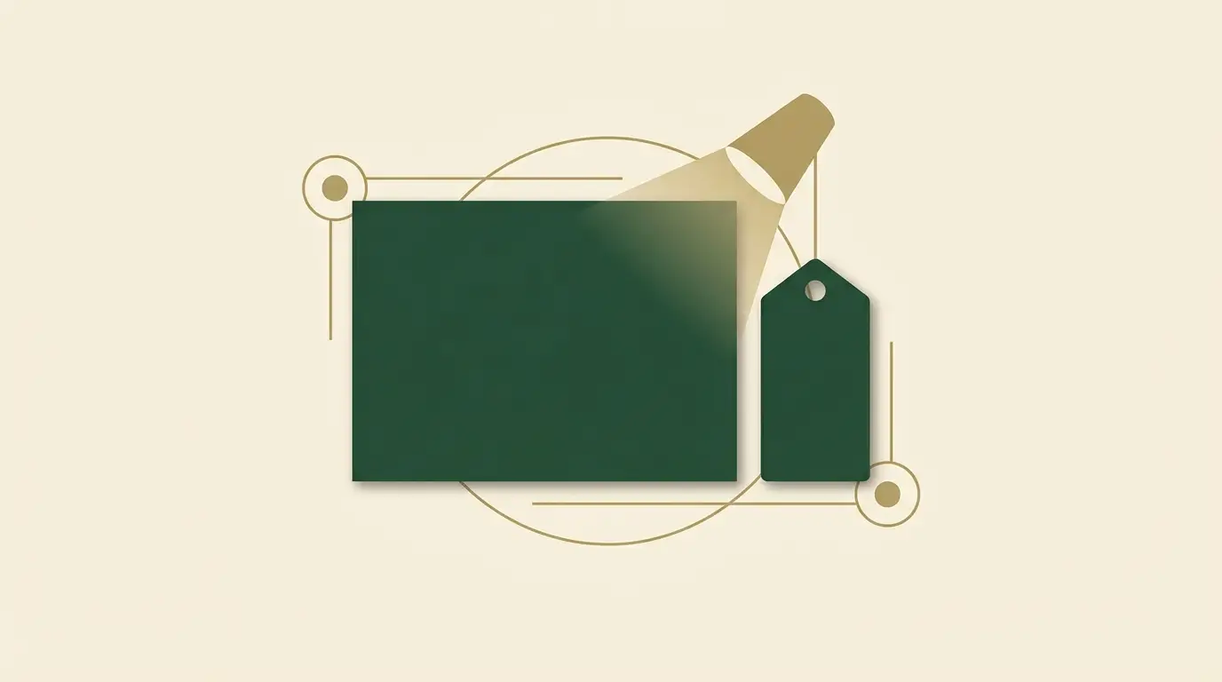 An editorial card has an adjacent prominent disclosure tag shape illuminated by a small spotlight; absolutely no writing