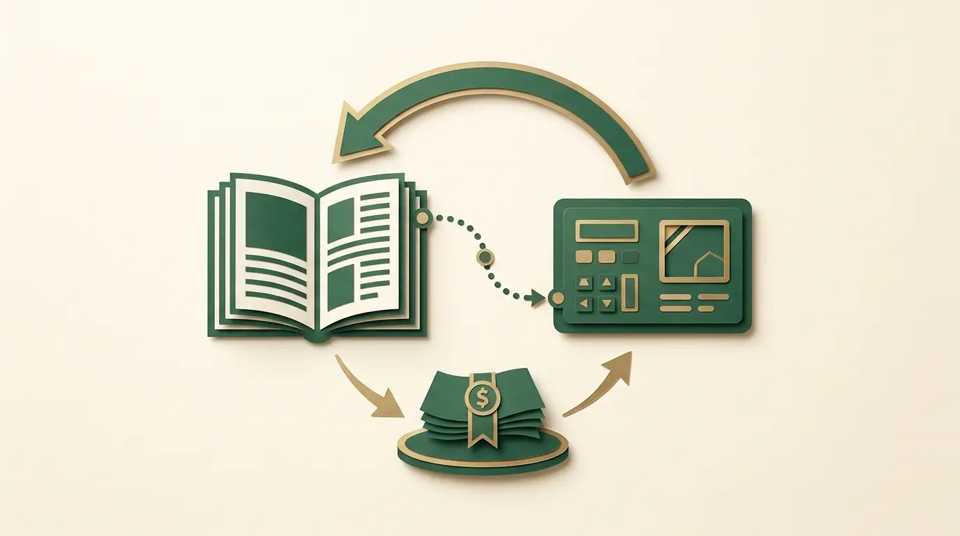 An editorial page links to an operator screen through a tracking connector, with a separate commercial-payment return arrow