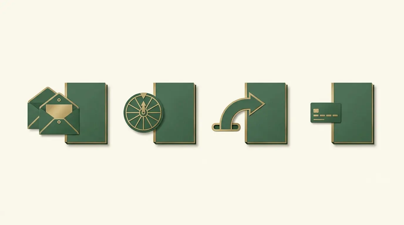 Four separate restrained promotional objects: a matched envelope pair, geometric spin token, rebate arrow and small credit tile, each beside its own.