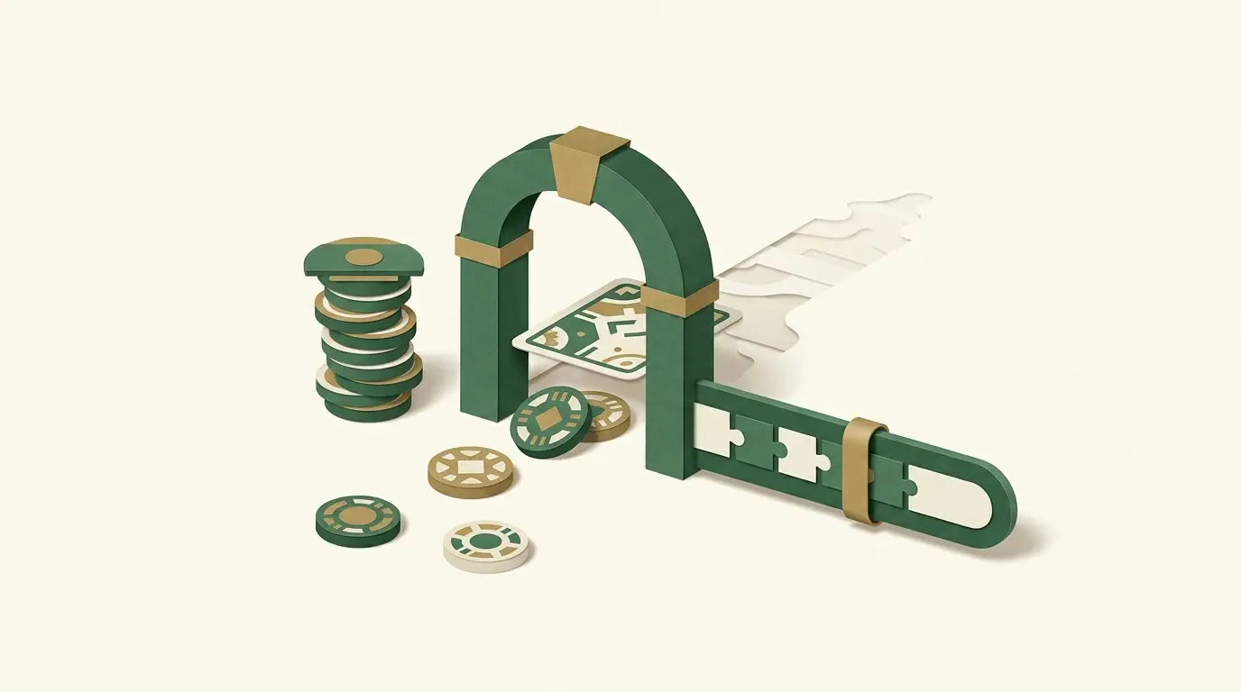 Patterned promotional tokens approach a rules gate with a game tile, capped stake stack and progress track