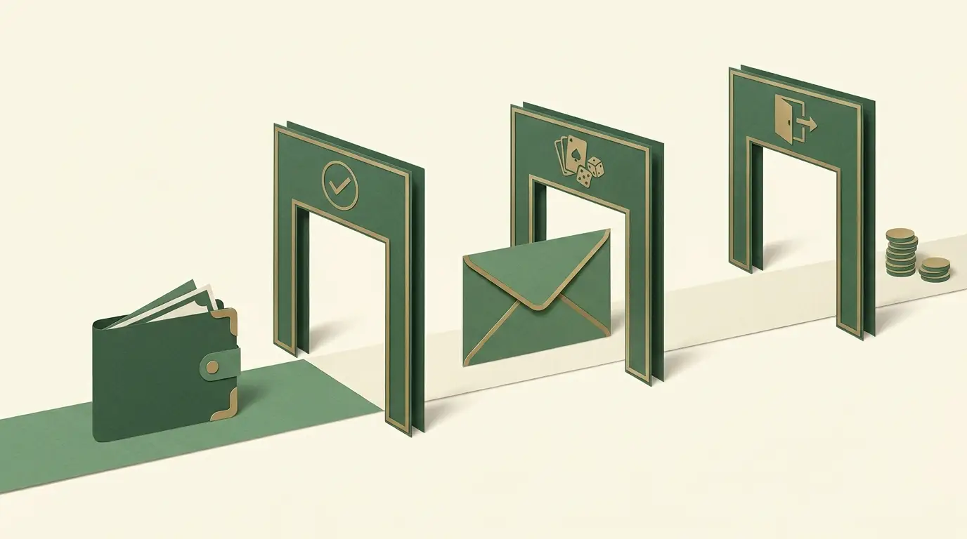 A promotional envelope passing through separate eligibility gate, game-rules checkpoint and outward-payment gate, with a cash wallet kept in a distinct.