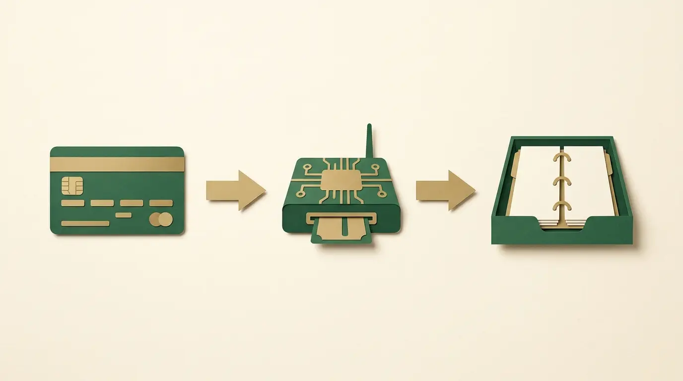 Bank card at left, small processor gateway in the middle, ledger tray at right; separate spaced arrows connect each stage