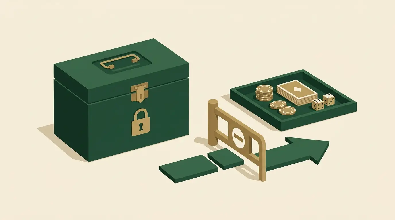 A closed household money box separate from a small bounded entertainment tray, with a stop gate before the payment arrow