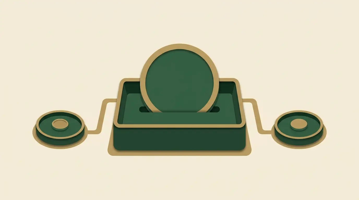A main coin in a receiving tray with two smaller separate fee dishes beside the route; no numerical proportions
