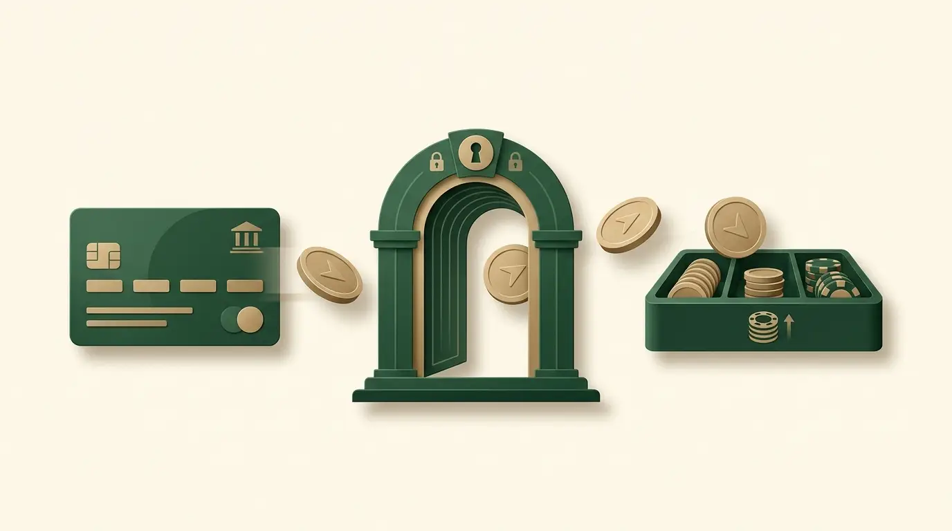 A bank card, payment gateway arch and casino account tray arranged left to right, one coin travelling between each stage