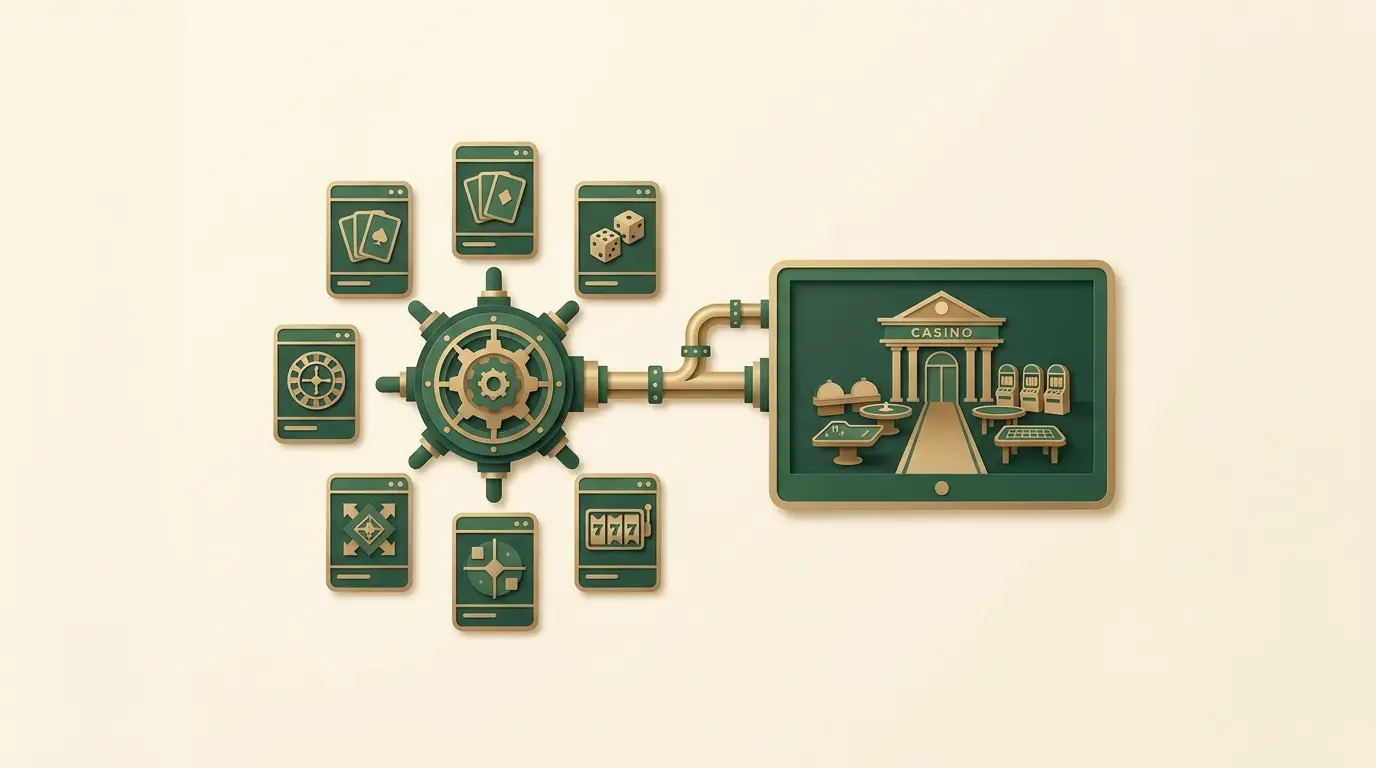 Several small software tiles converge at an aggregator hub before one connection leads to a casino lobby screen
